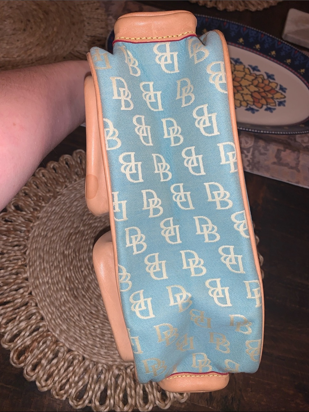 Dooney & Bourke Light Blue Logo Canvas Shoulder Bag with Tan Leather Trim - Picture 7 of 13